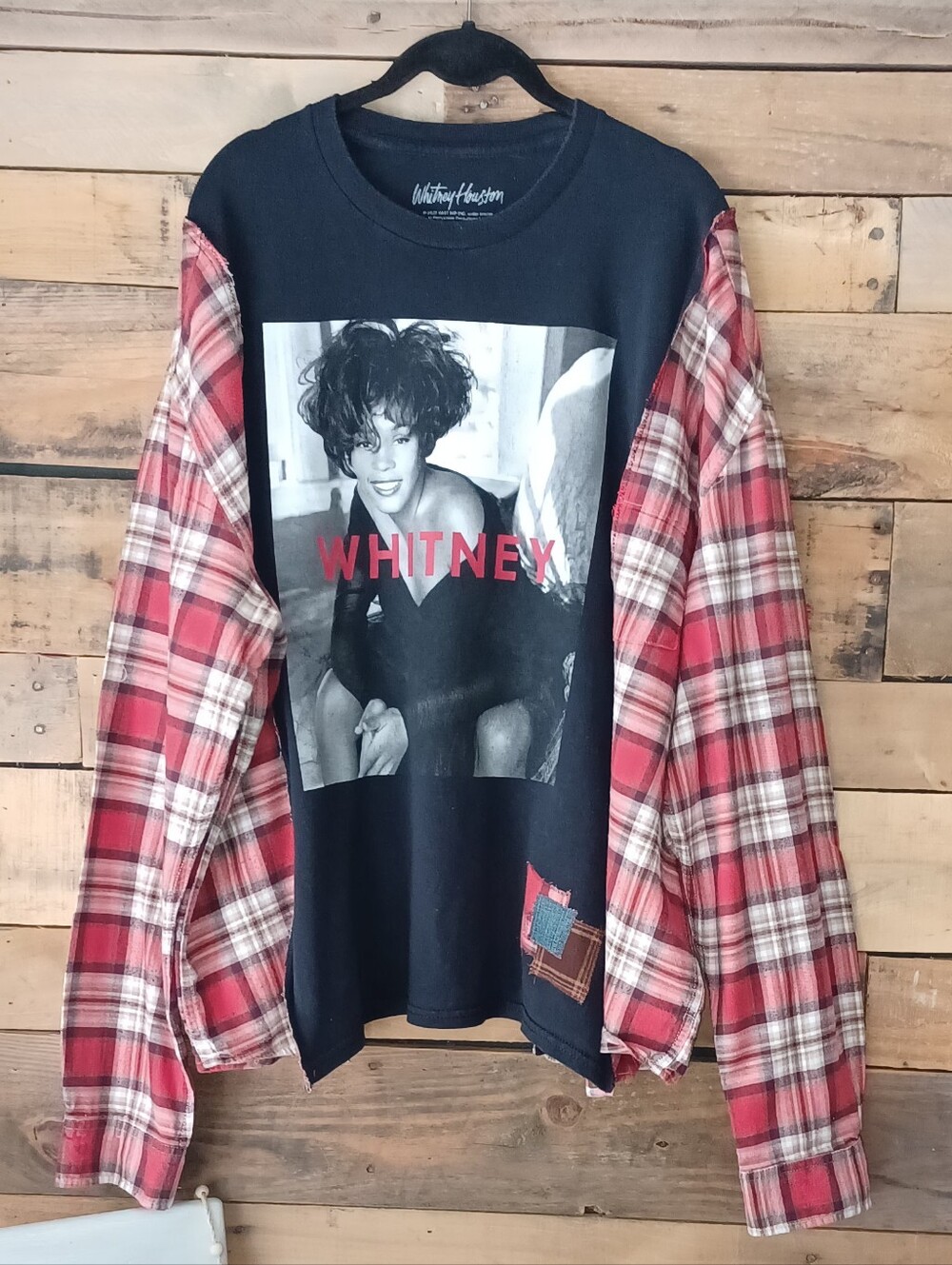 Upcycled Whitney Houston Graphic T-shirt with Red Plaid Sleeves
